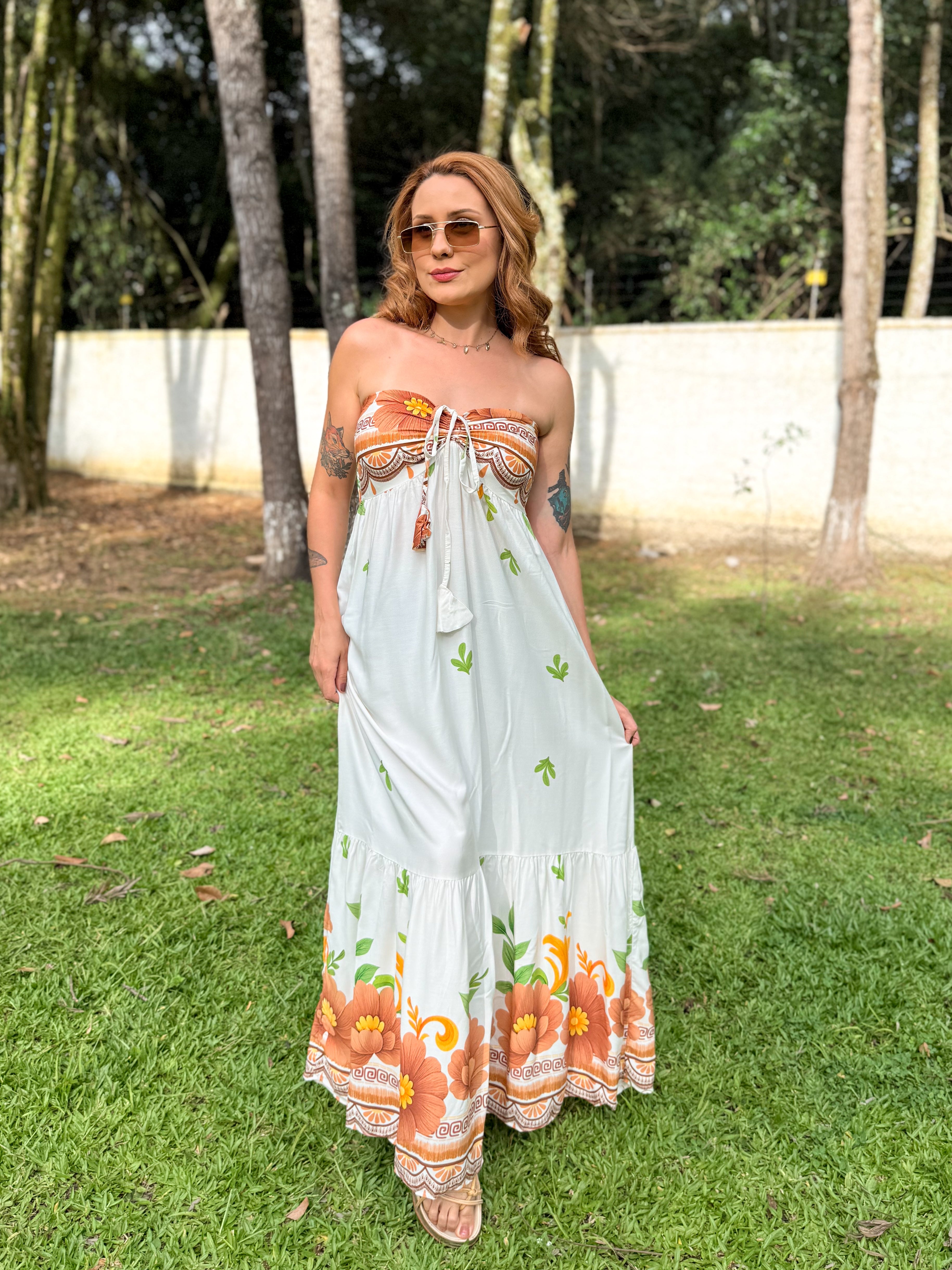 Vestido Estampado Longo Amarração Pescoço Gabi