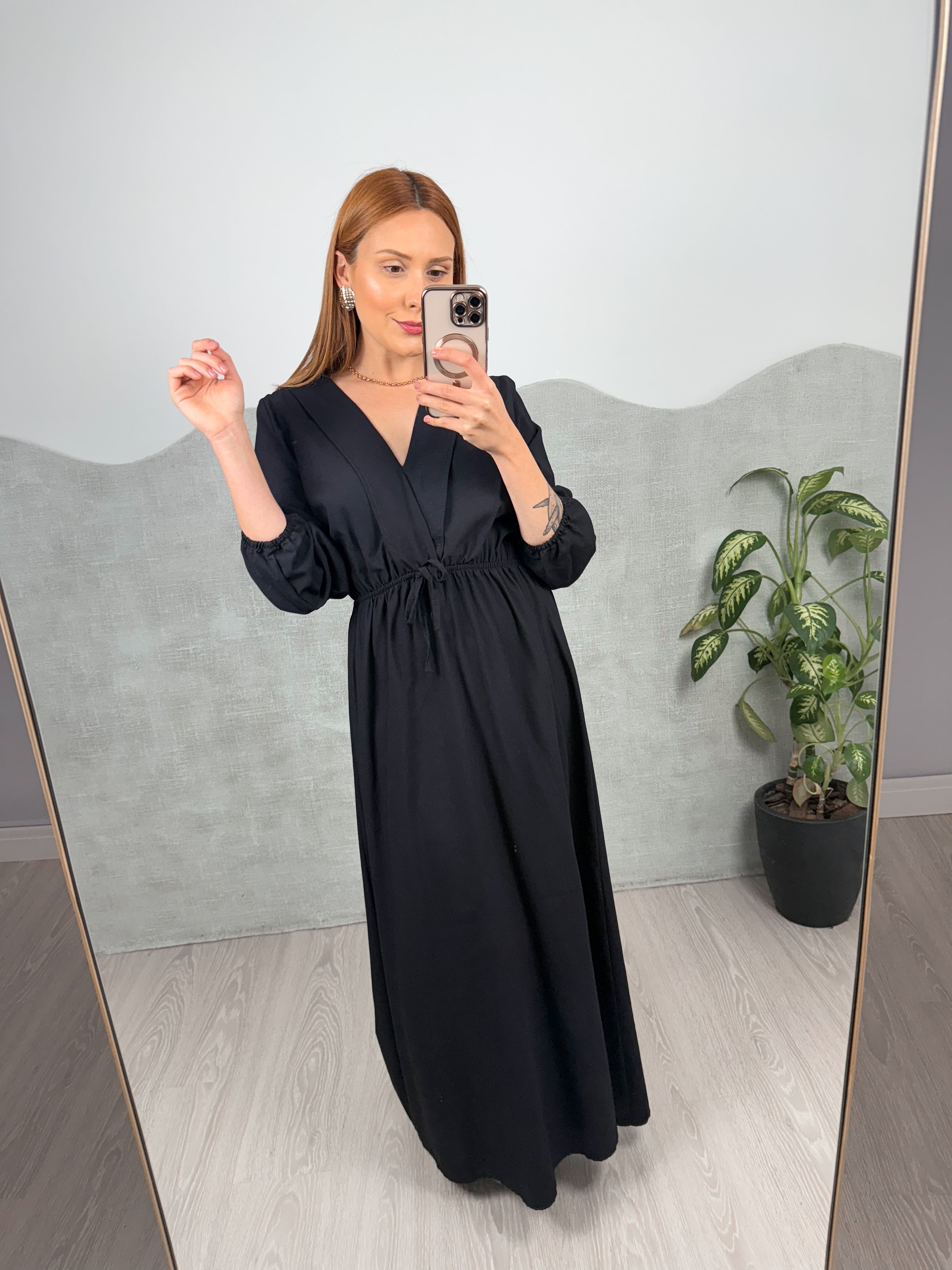 Vestido Longo Manga Longa com Elástico na Cintura