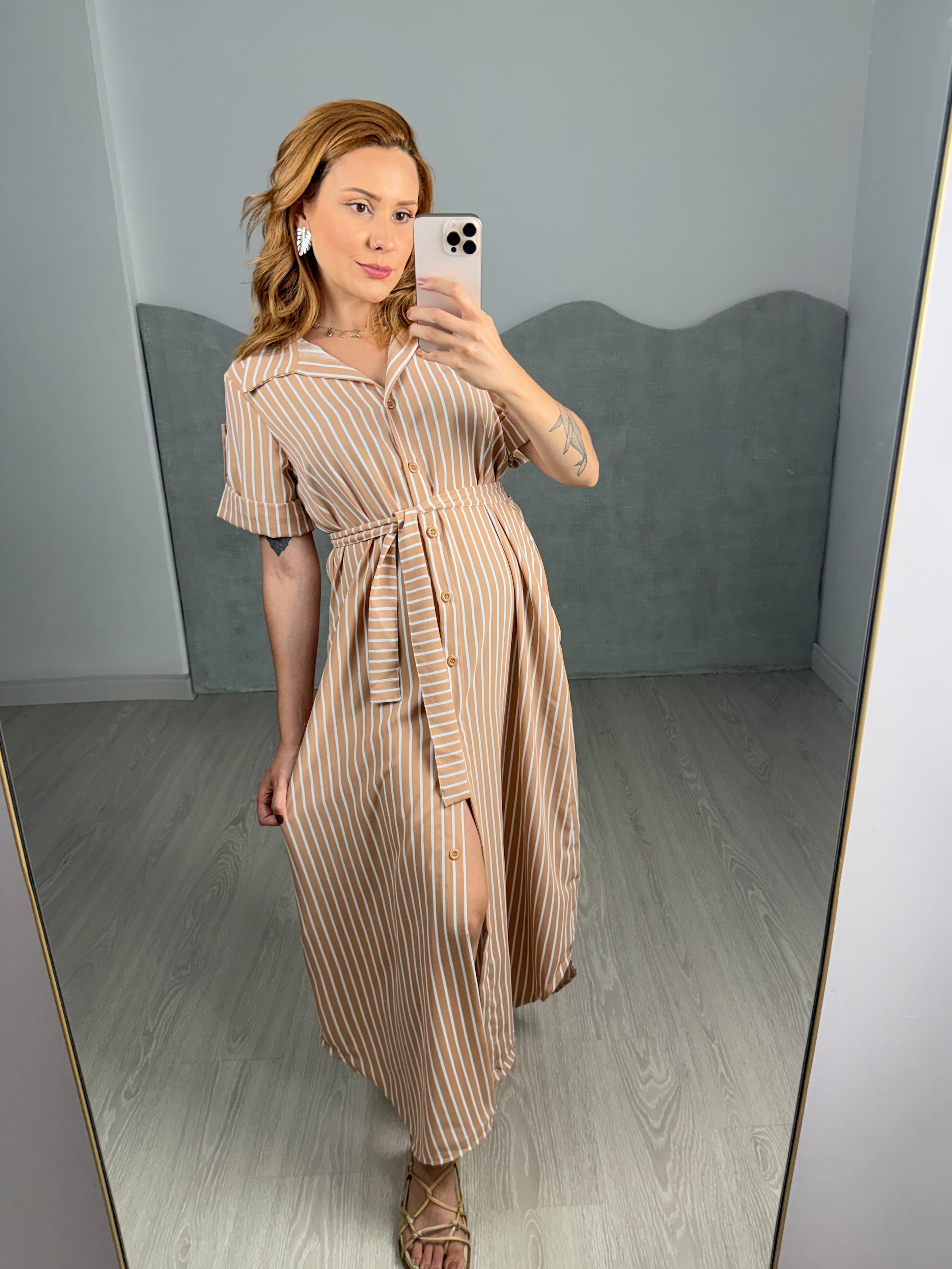 Vestido/Chemise Listrado Longo Leticia