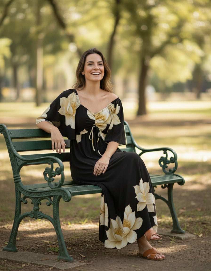 Vestido Estampado com Bolsos e Manga Sol