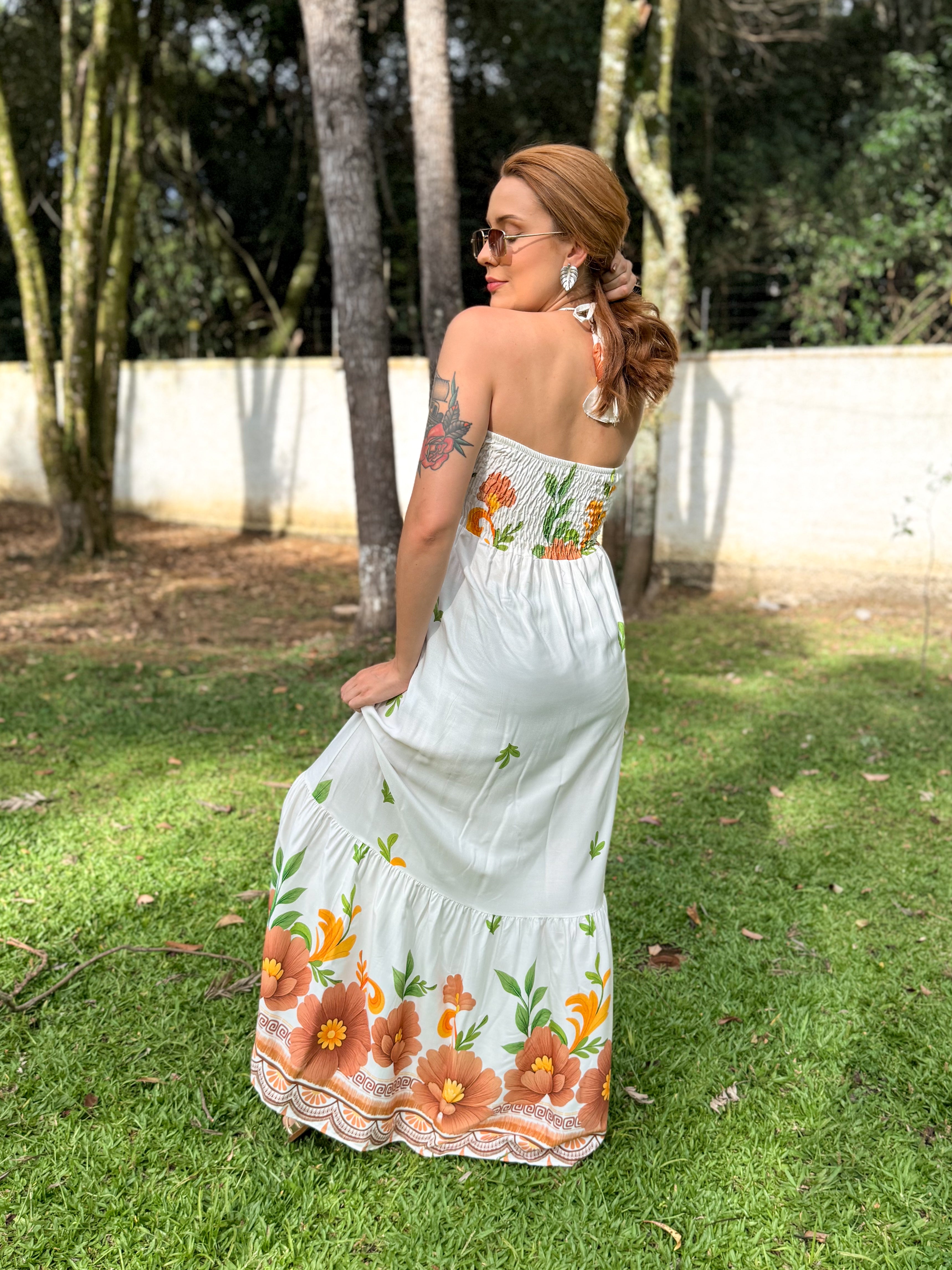 Vestido Estampado Longo Amarração Pescoço Gabi