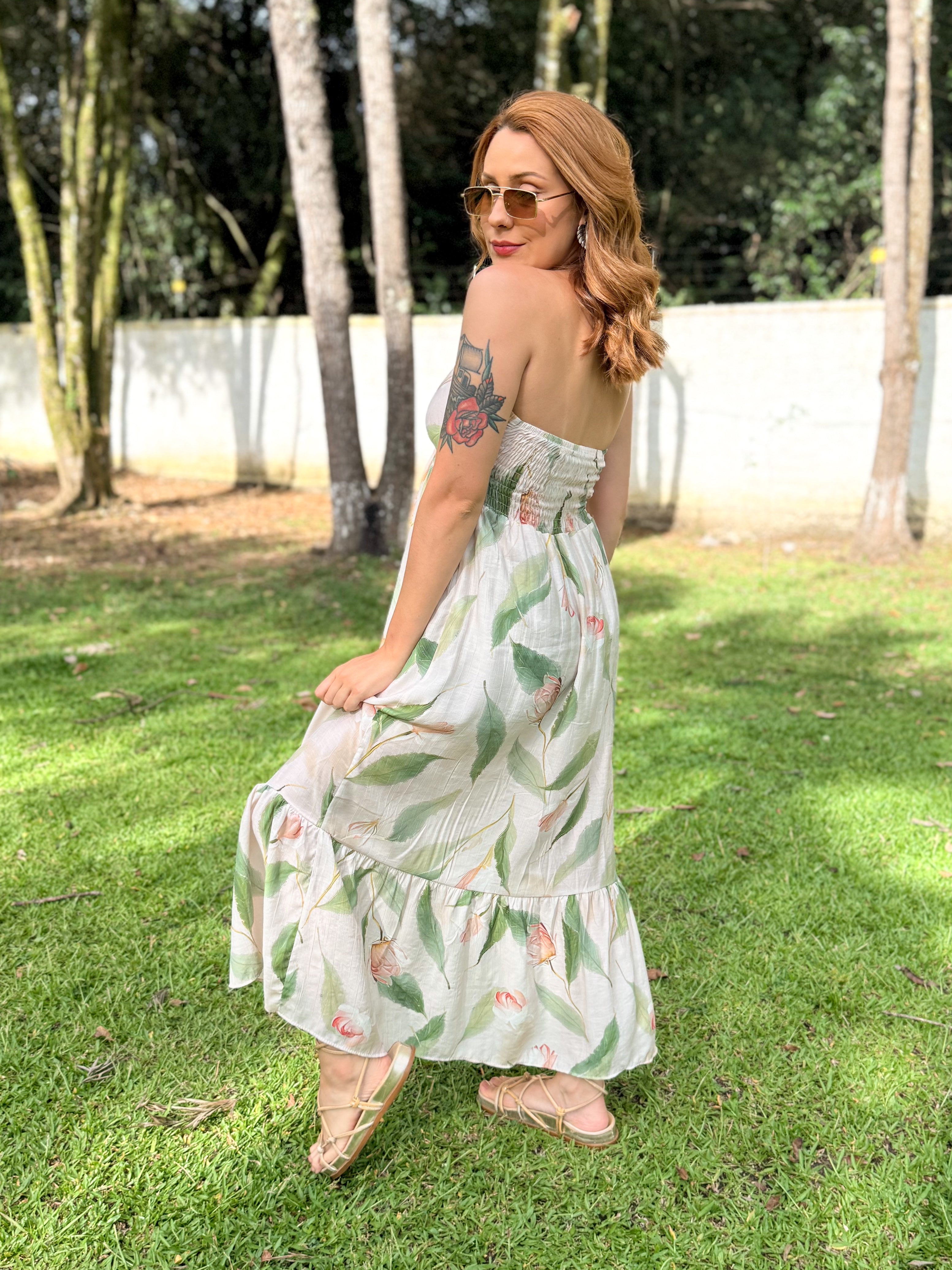 Vestido Estampado Midi Amarração Pescoço Thay