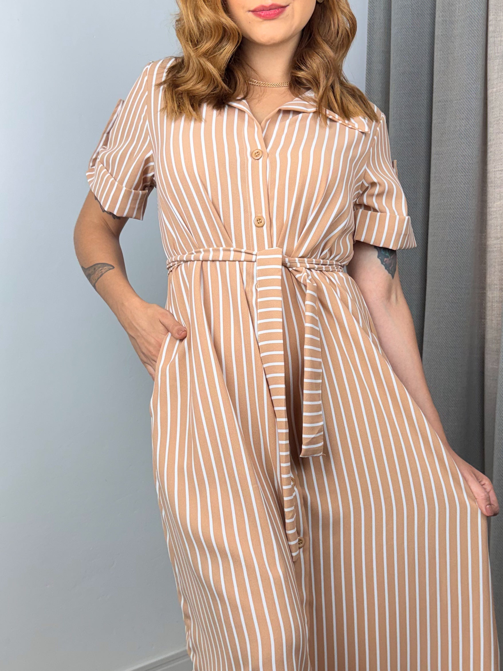 Vestido/Chemise Listrado Longo Leticia