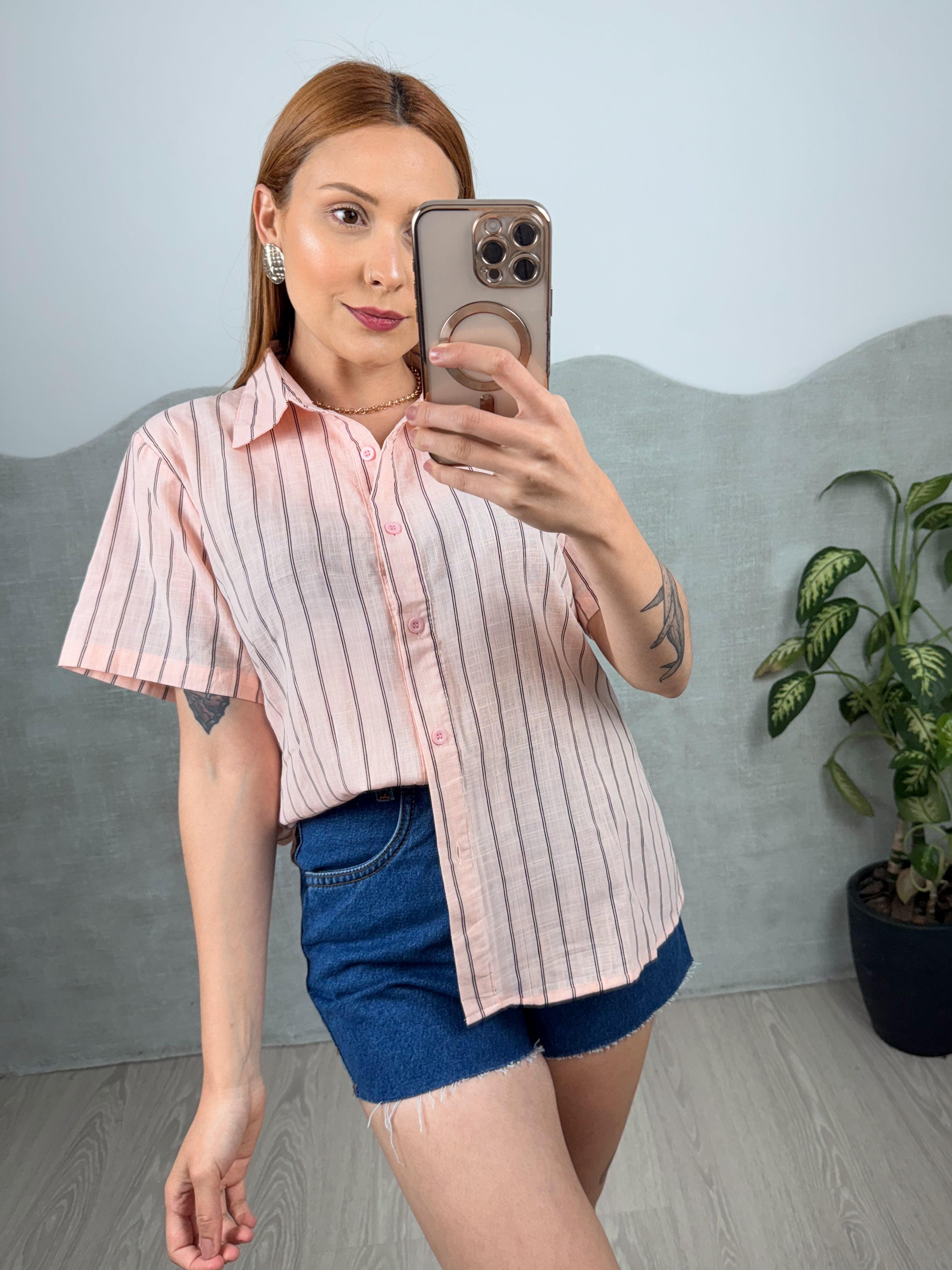 Camisa Manga Curta Listrada de Linho