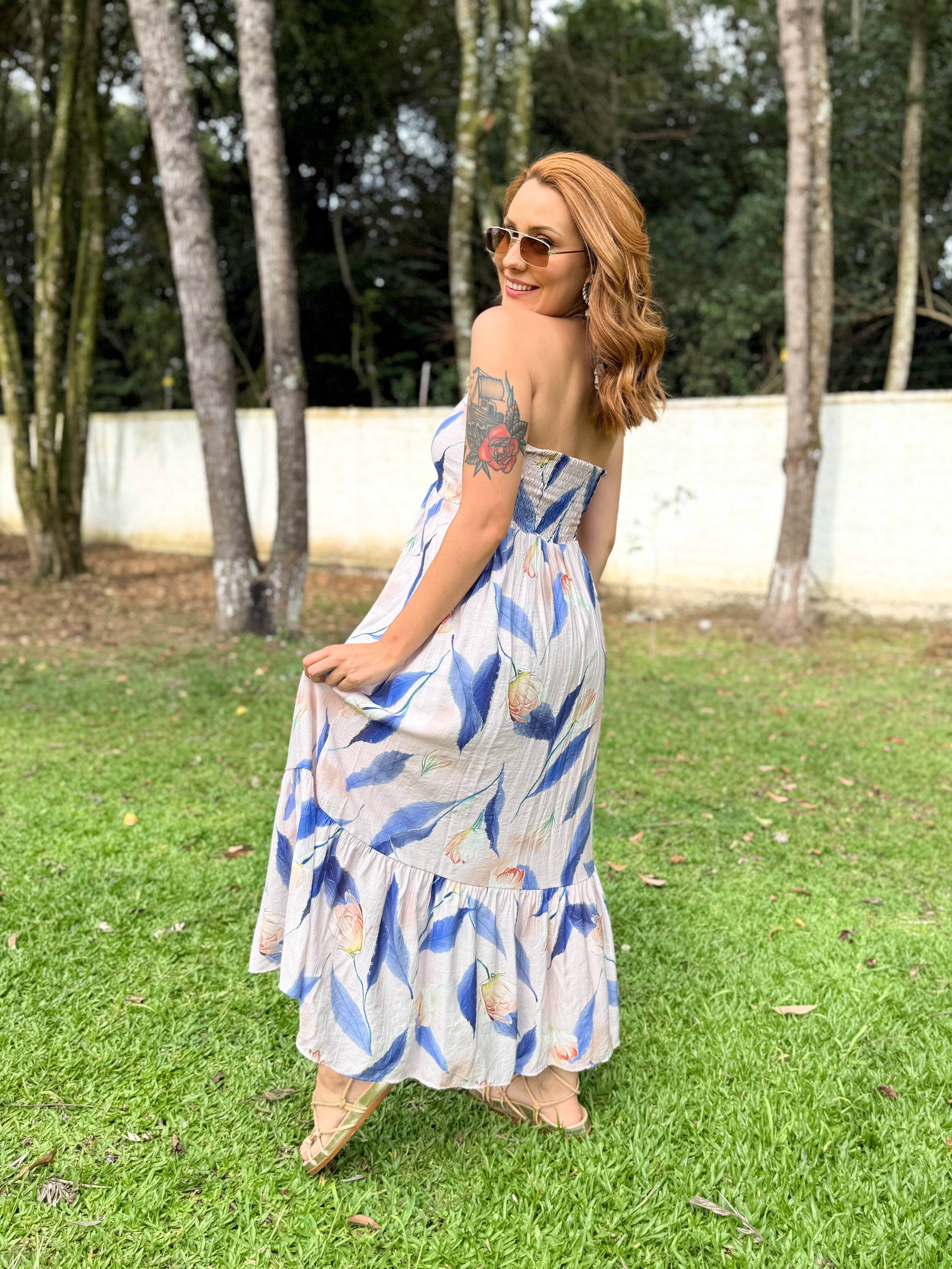 Vestido Estampado Midi Amarração Pescoço Thay