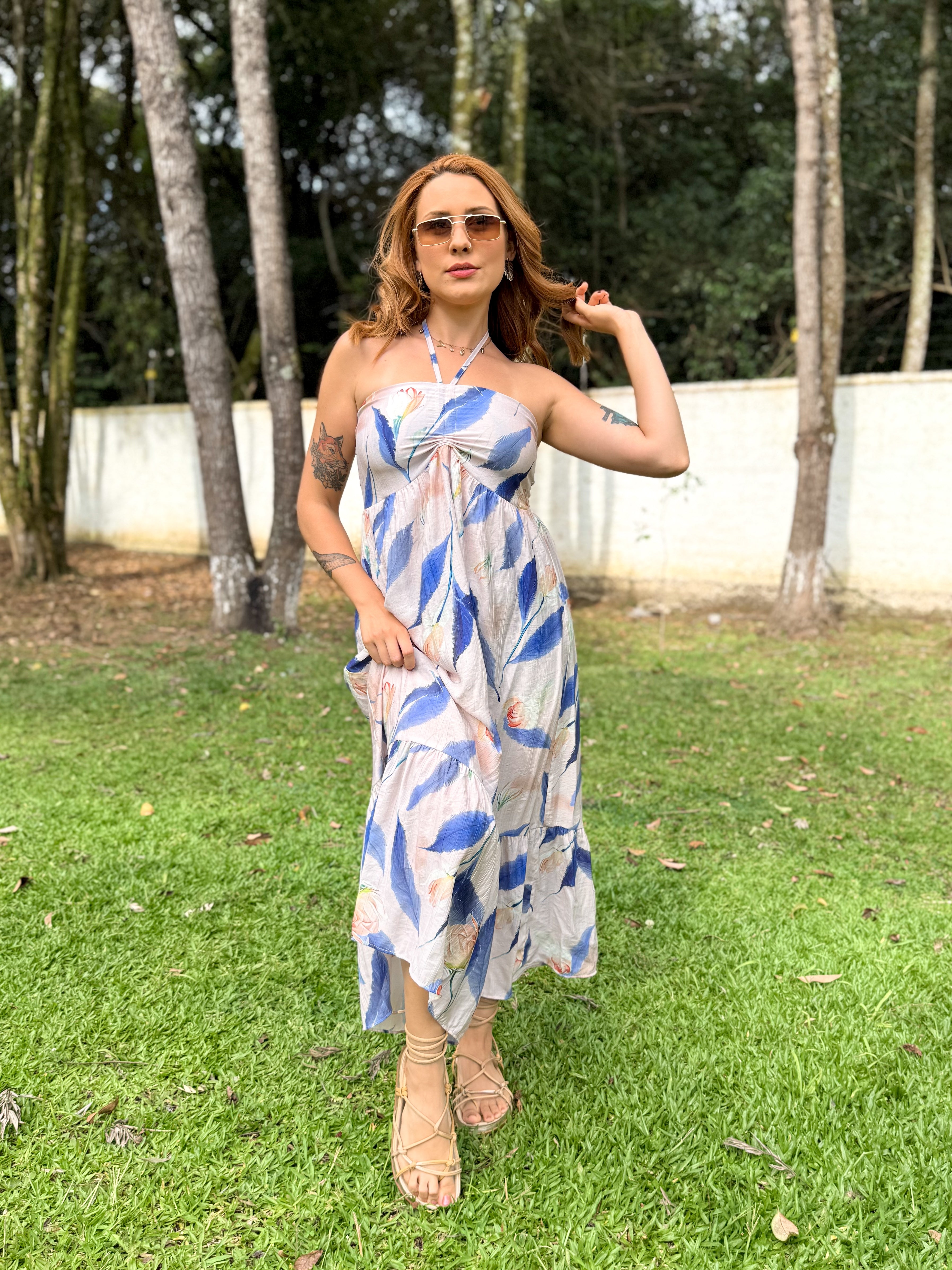 Vestido Estampado Midi Amarração Pescoço Thay