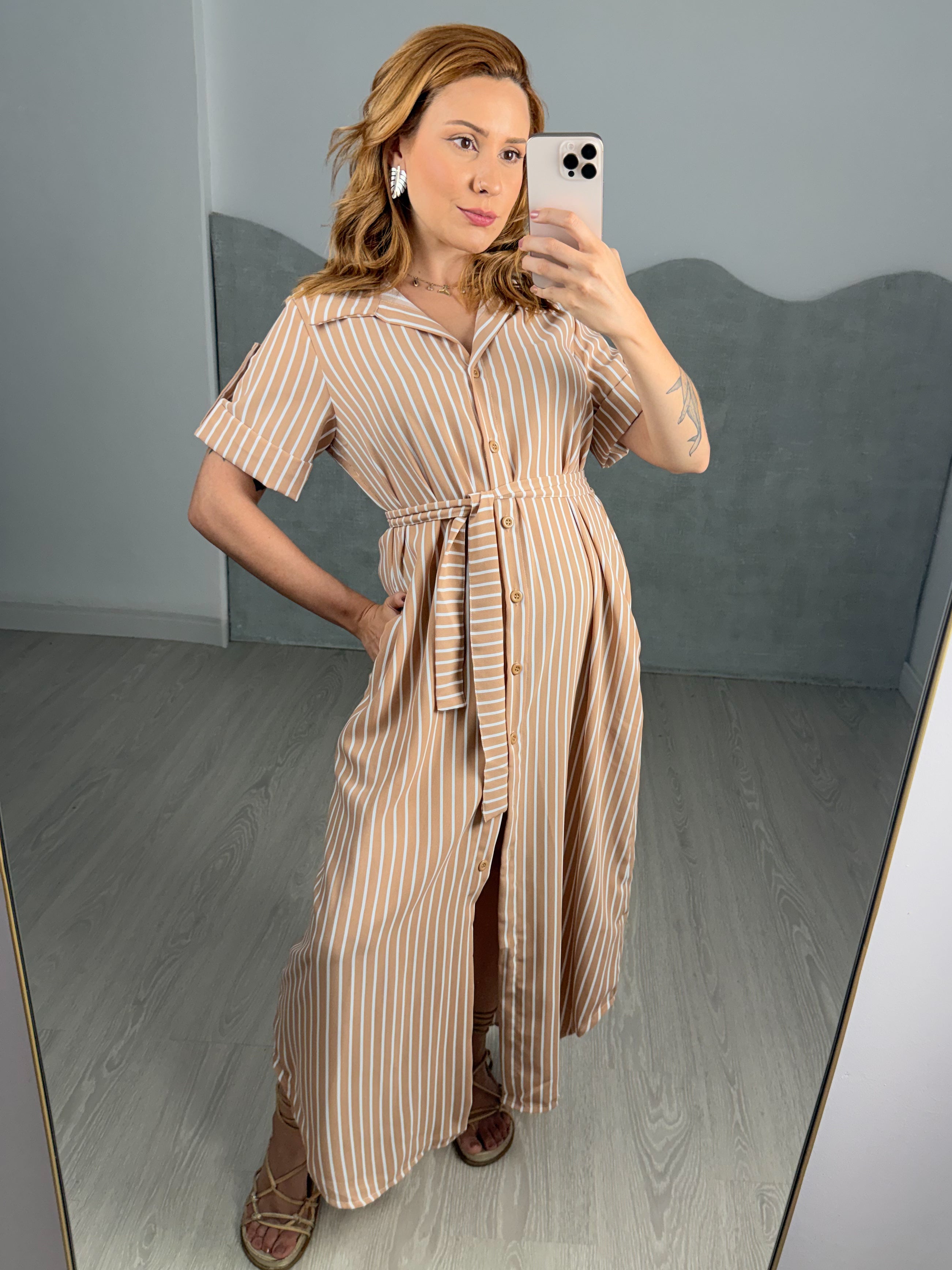 Vestido/Chemise Listrado Longo Leticia