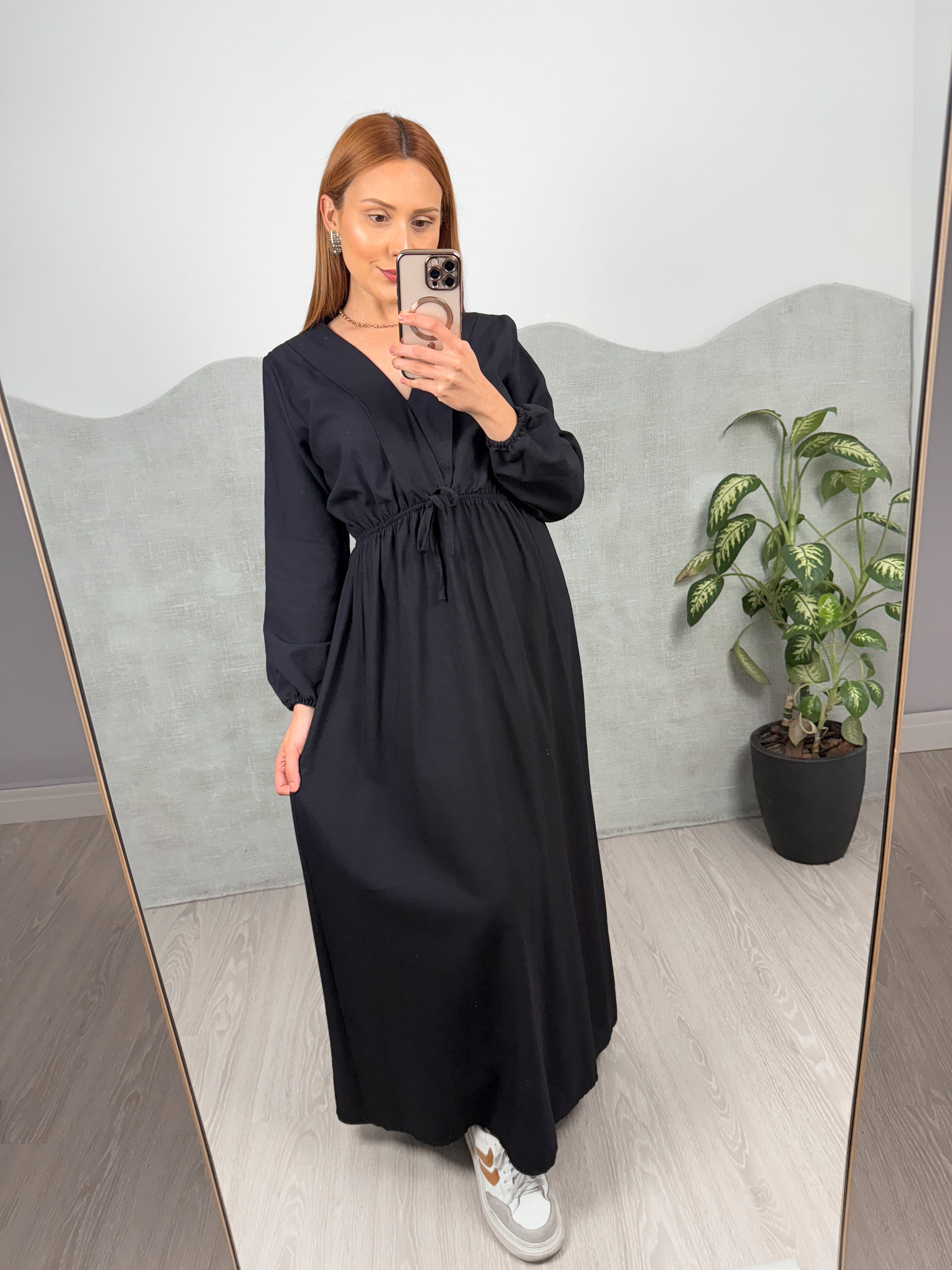 Vestido Longo Manga Longa com Elástico na Cintura