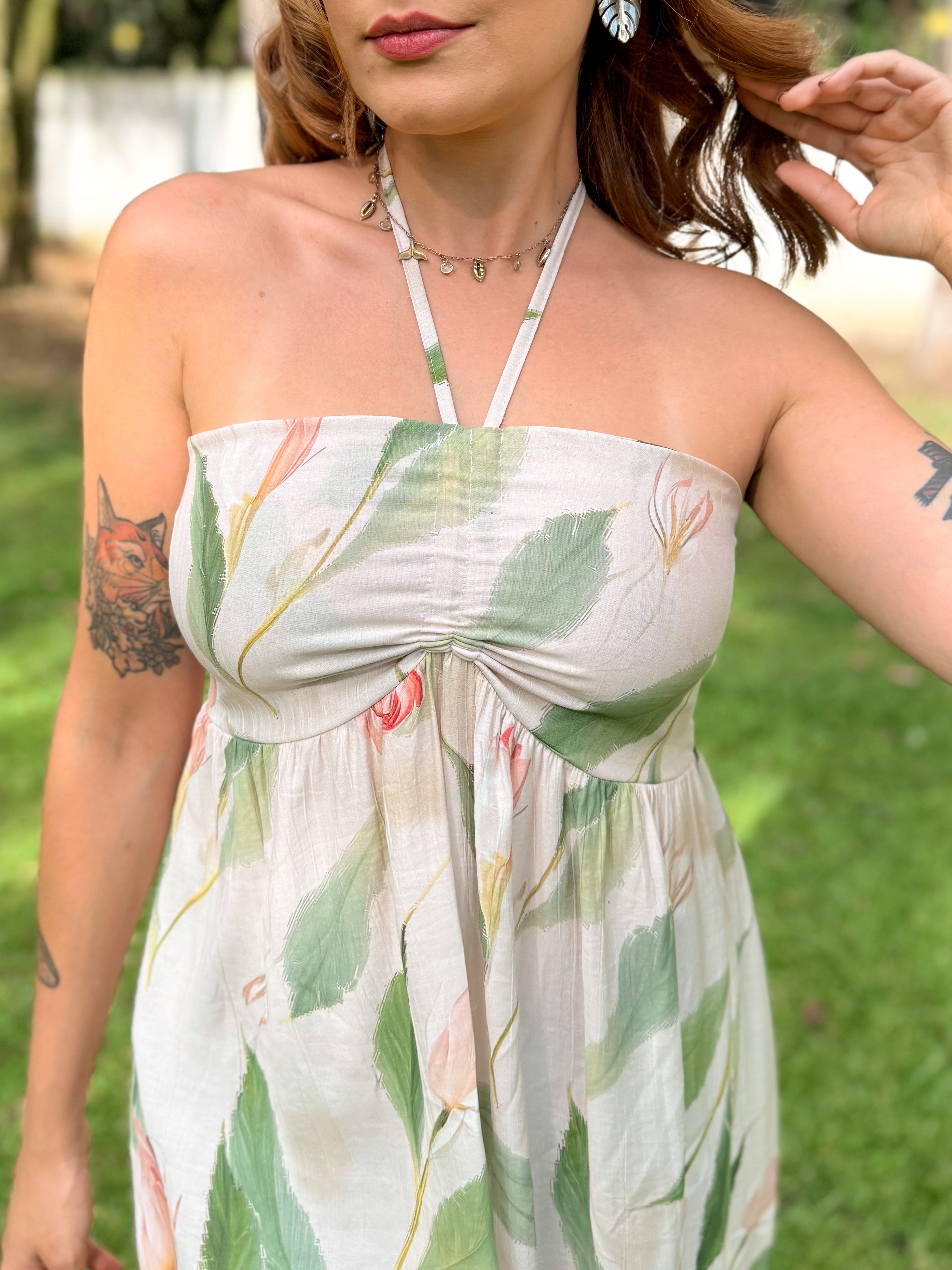 Vestido Estampado Midi Amarração Pescoço Thay