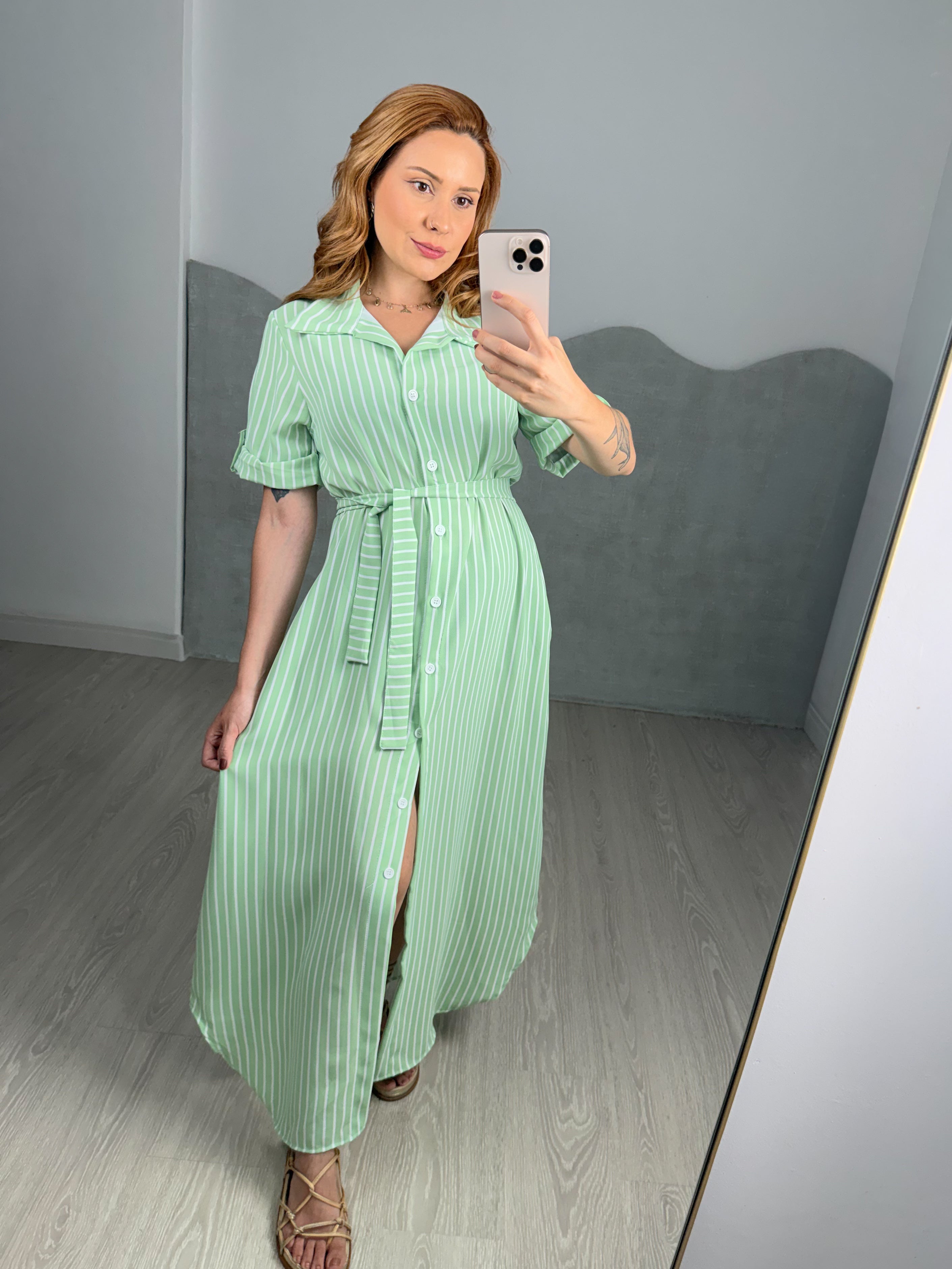 Vestido/Chemise Listrado Longo Leticia