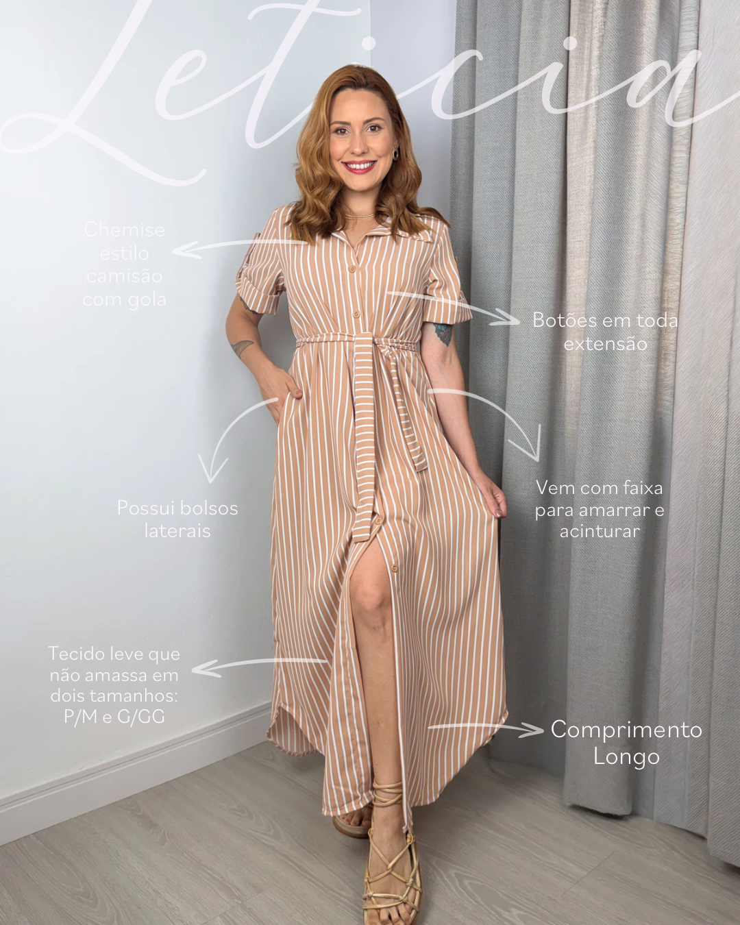 Vestido/Chemise Listrado Longo Leticia