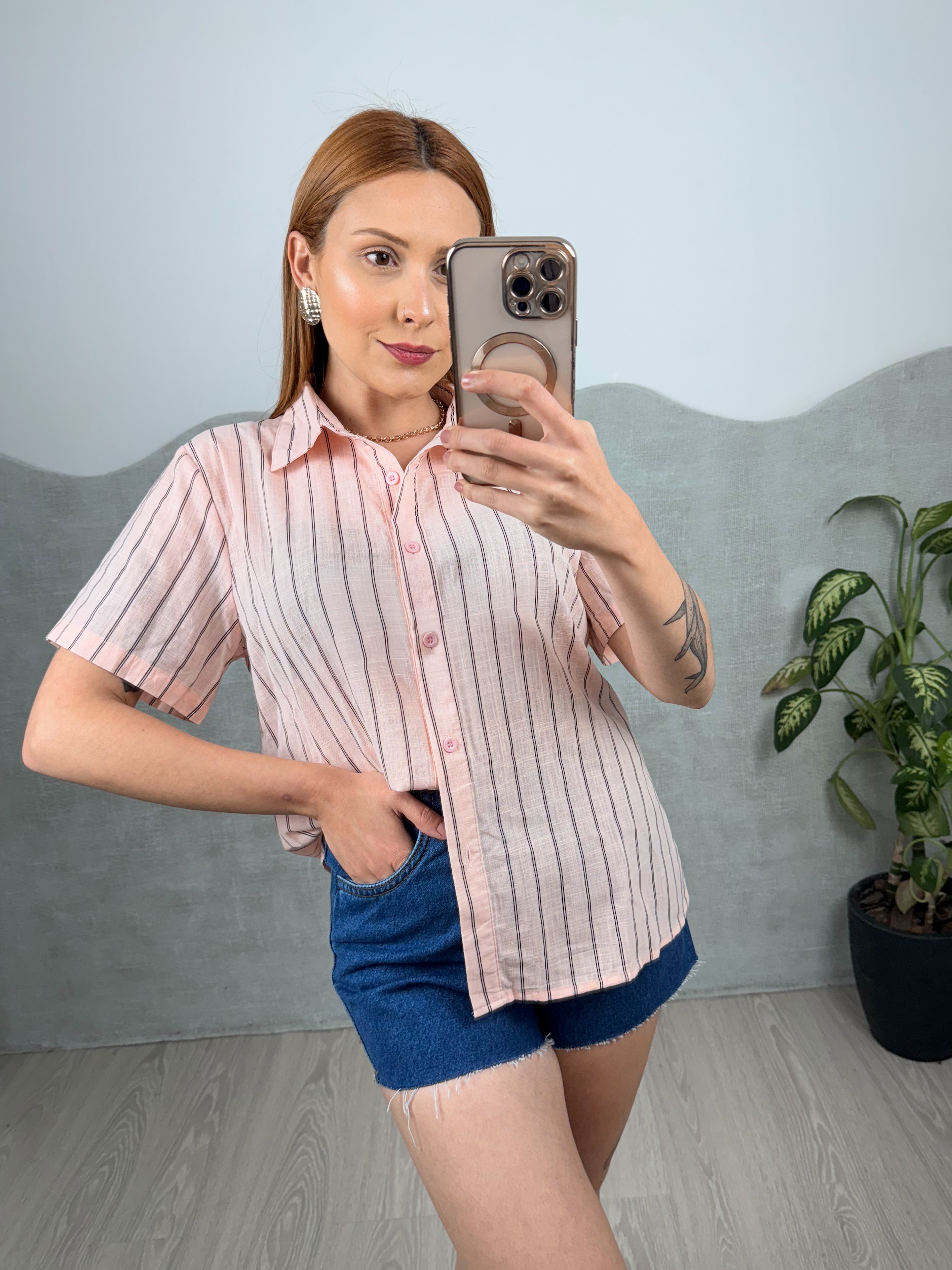 Camisa Manga Curta Listrada de Linho