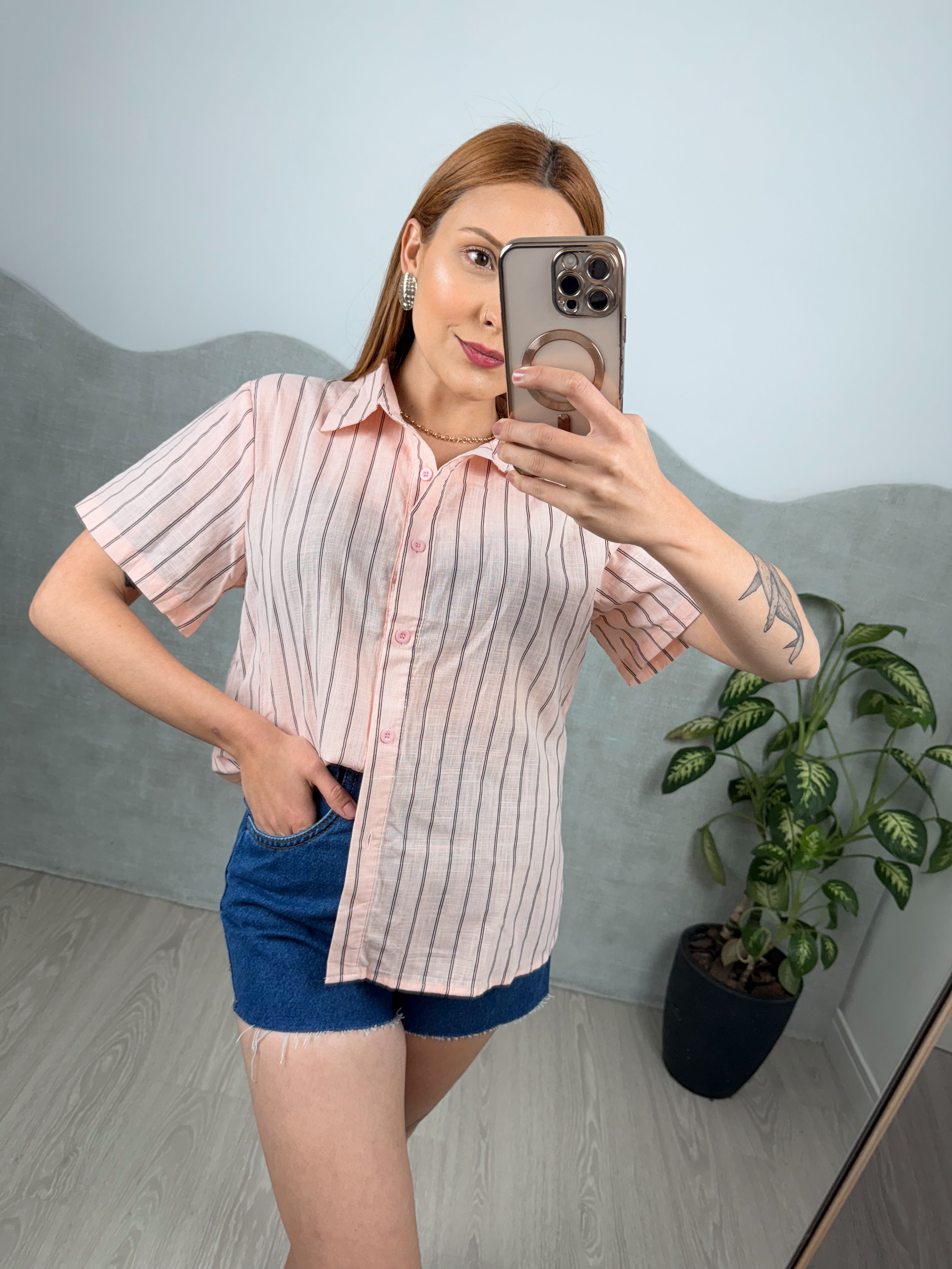 Camisa Manga Curta Listrada de Linho