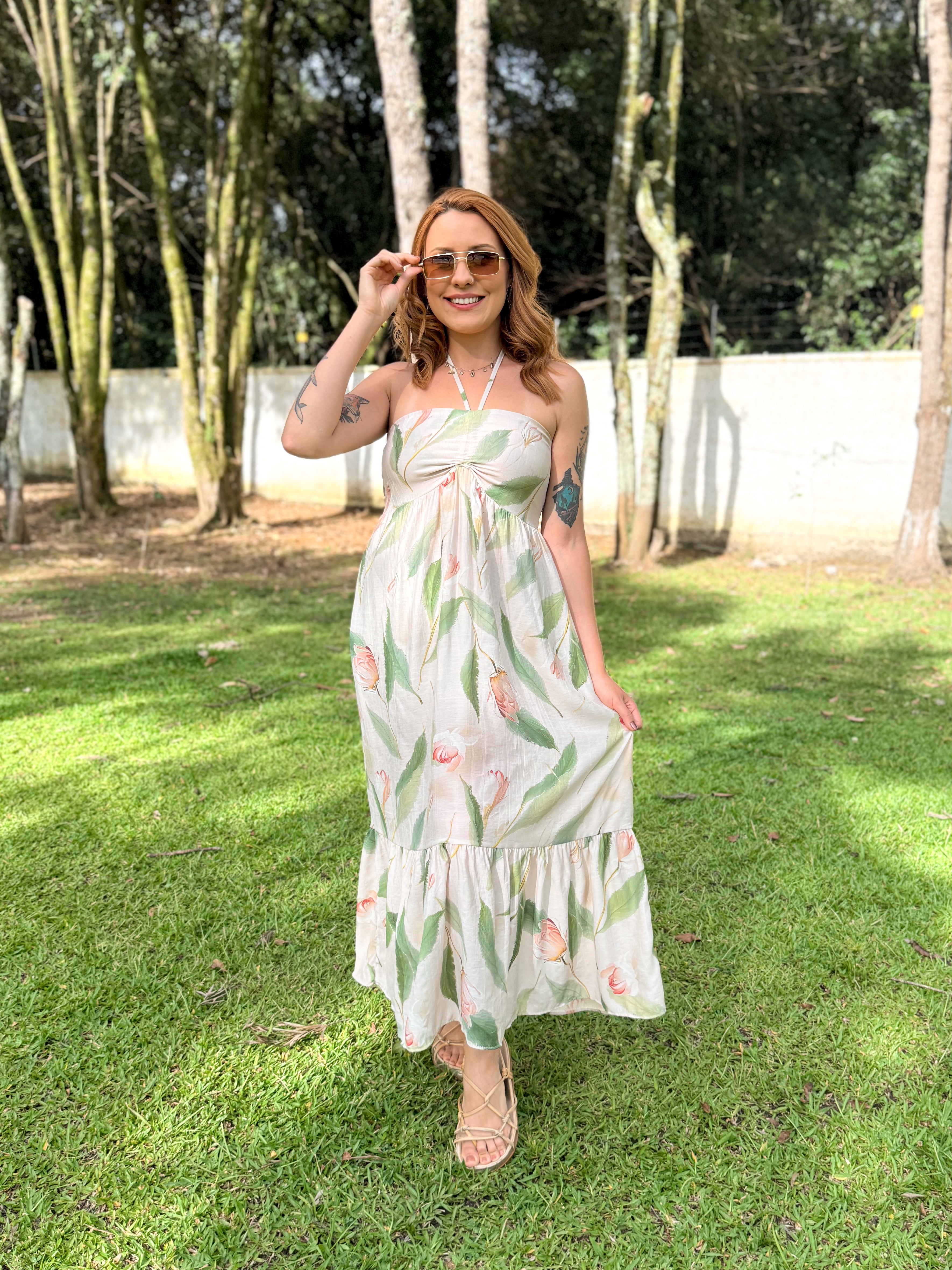 Vestido Estampado Midi Amarração Pescoço Thay