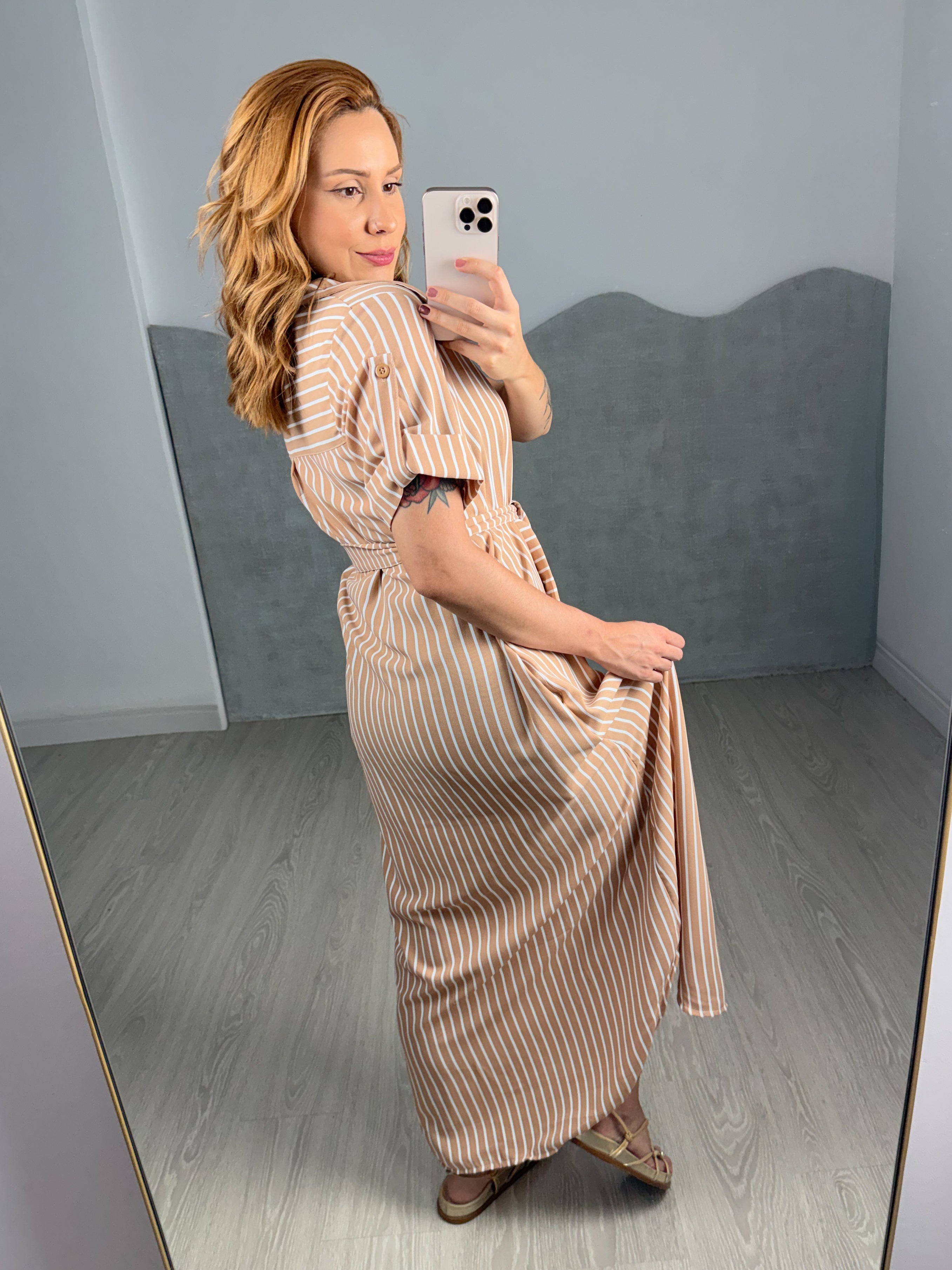 Vestido/Chemise Listrado Longo Leticia