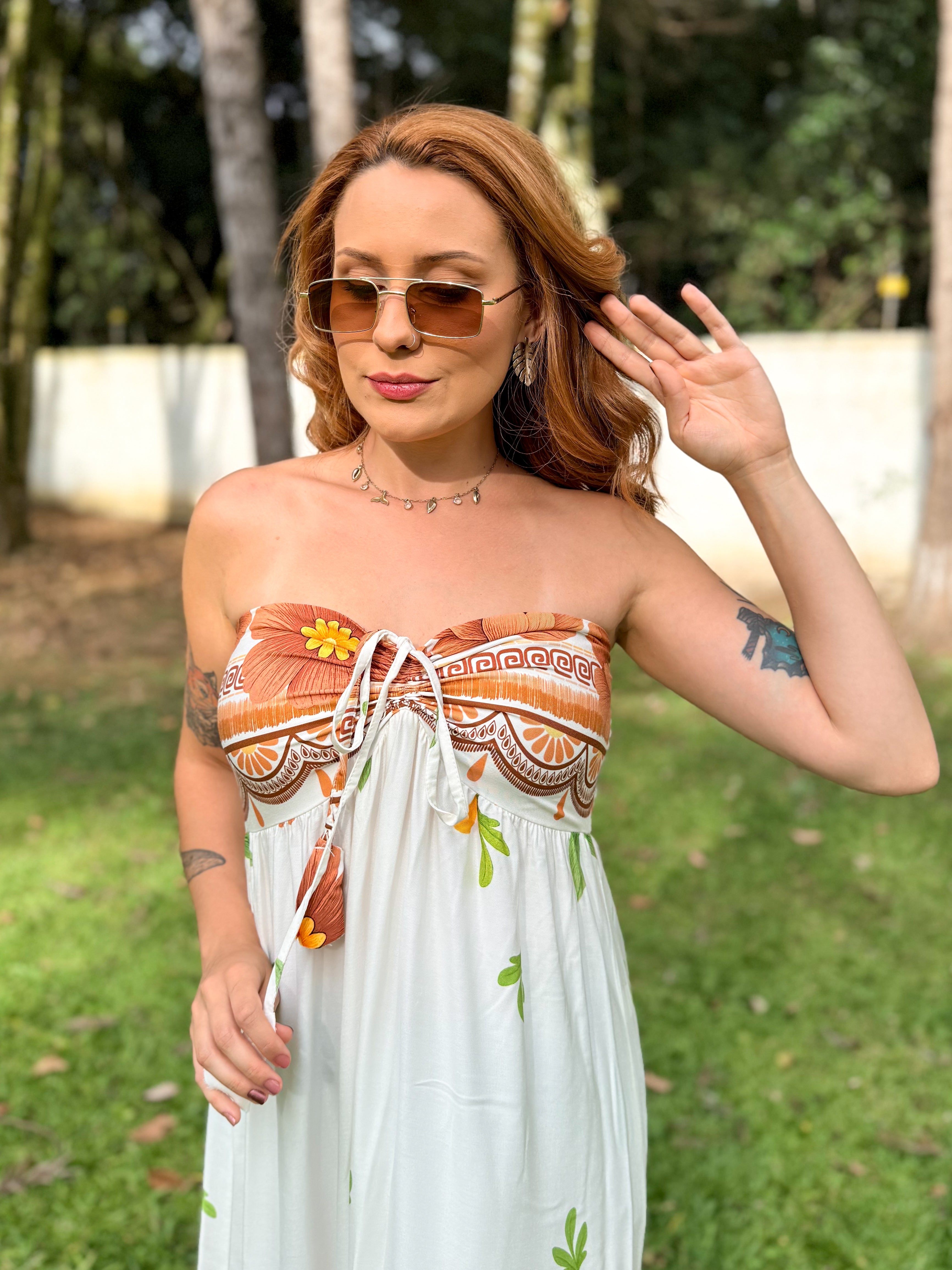 Vestido Estampado Longo Amarração Pescoço Gabi