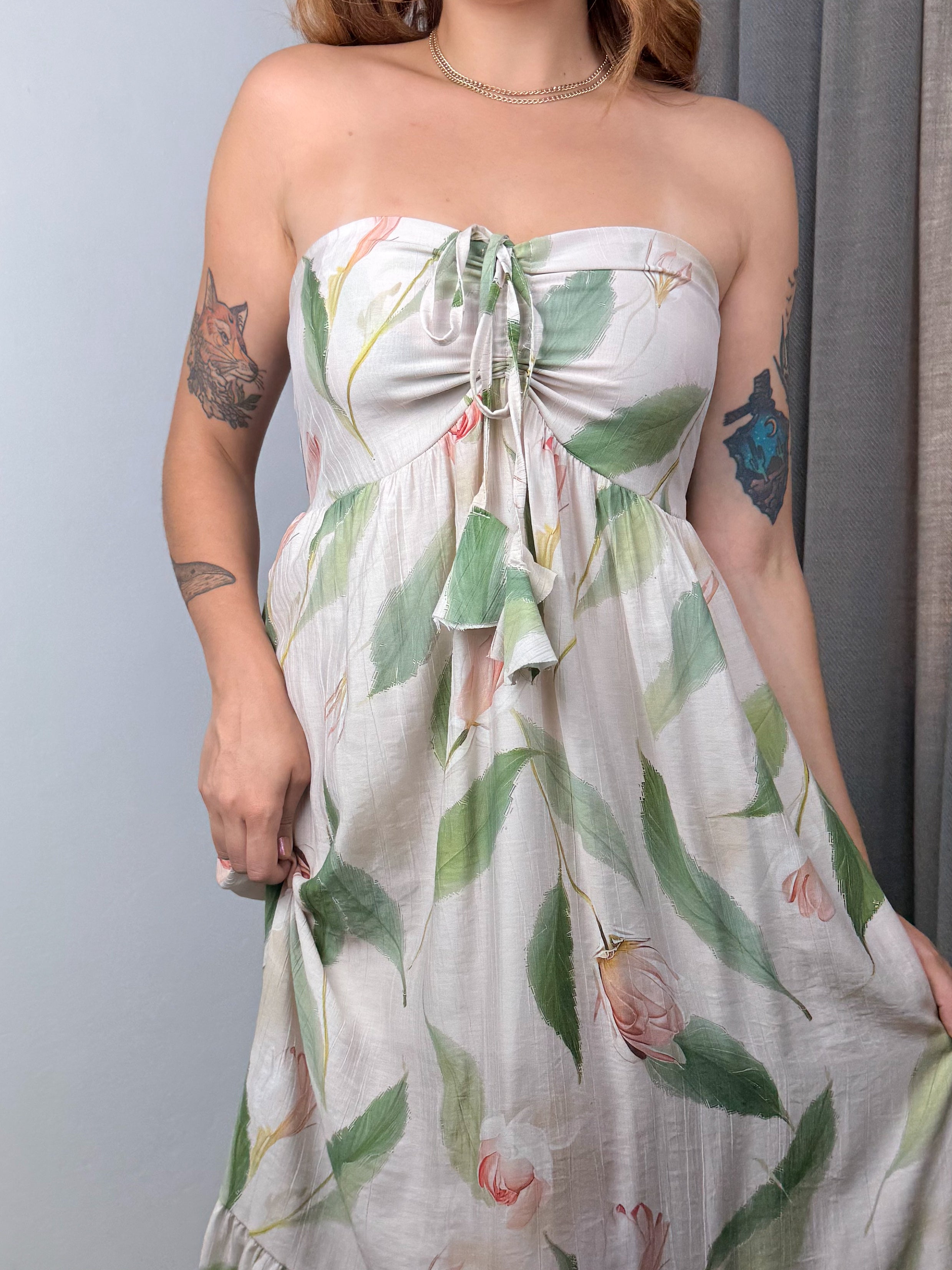 Vestido Estampado Midi Amarração Pescoço Thay