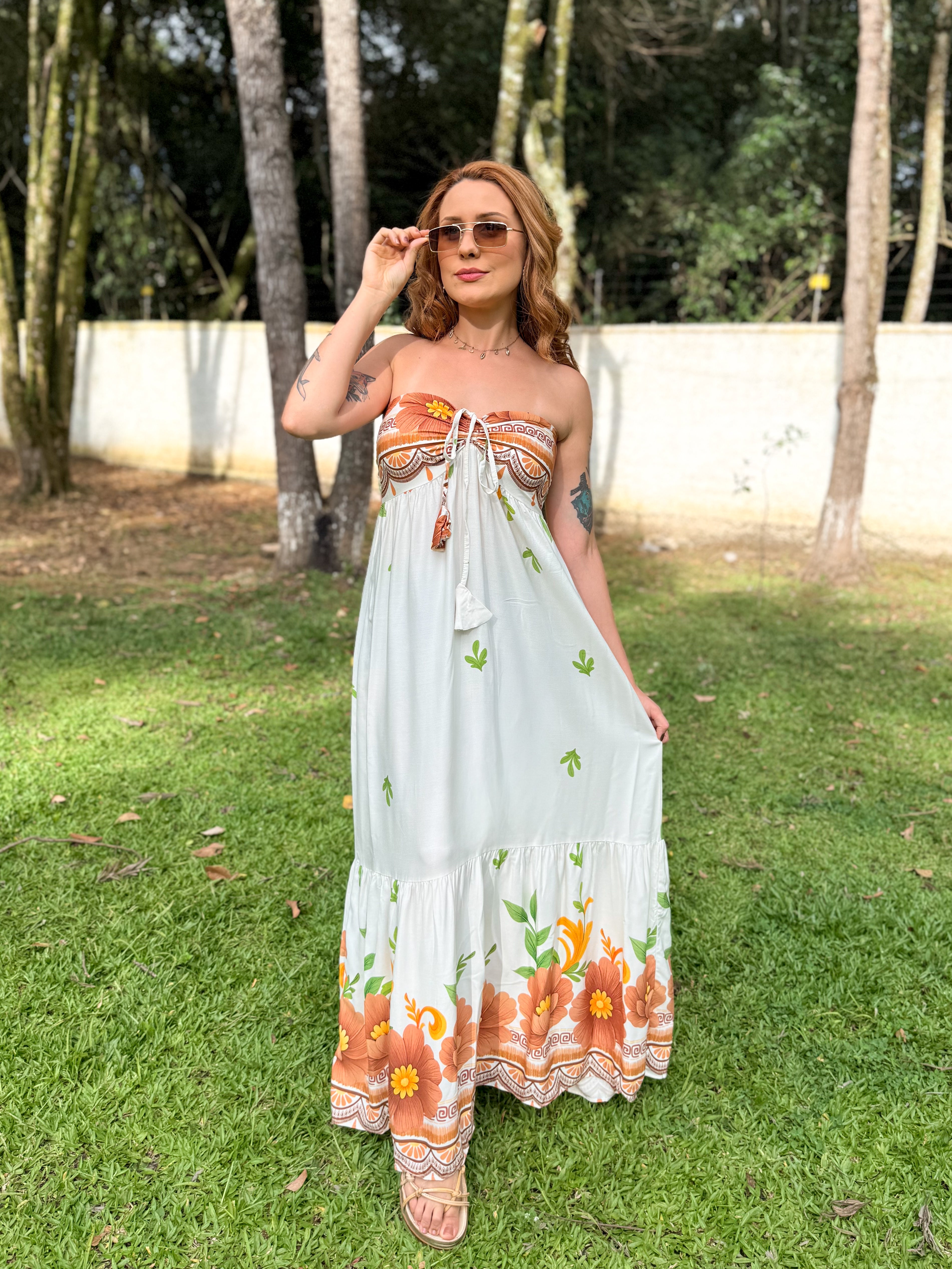 Vestido Estampado Longo Amarração Pescoço Gabi