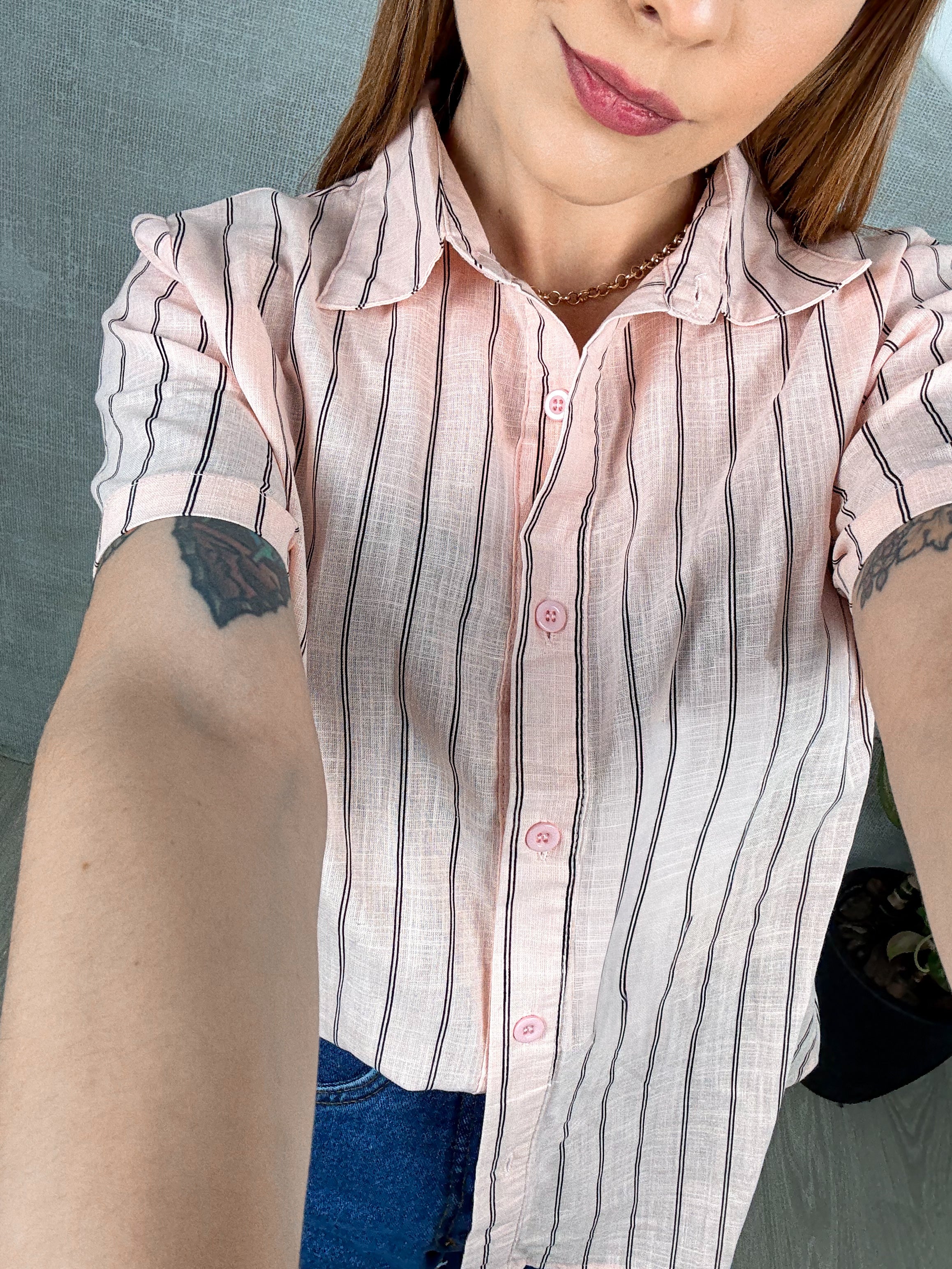 Camisa Manga Curta Listrada de Linho