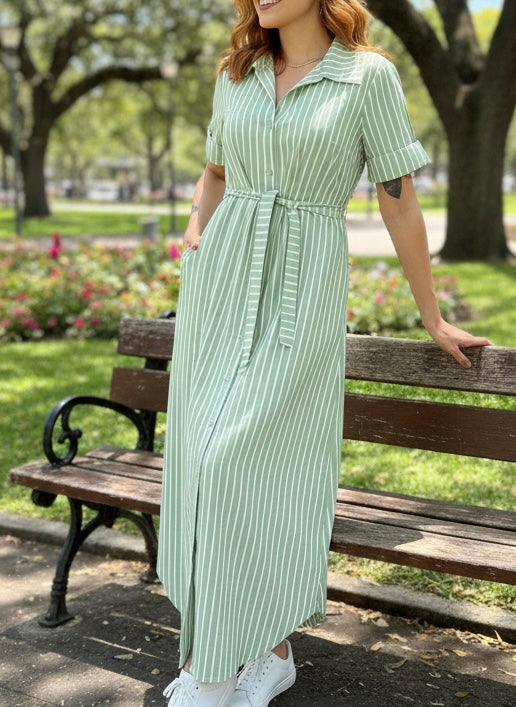 Vestido/Chemise Listrado Longo Leticia